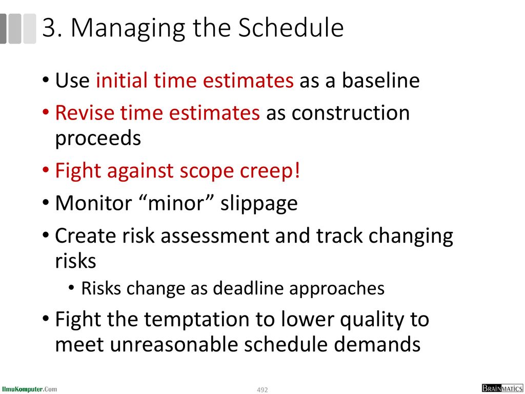 3. Managing the Schedule Use initial time estimates as a baseline
