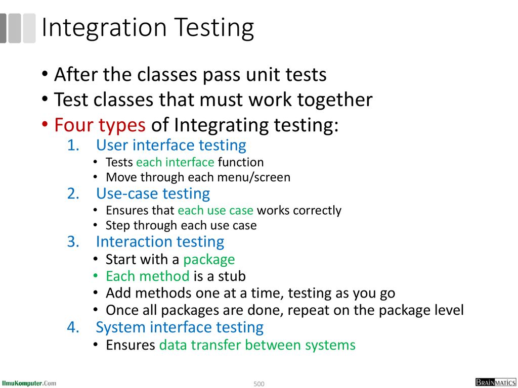 Integration Testing After the classes pass unit tests