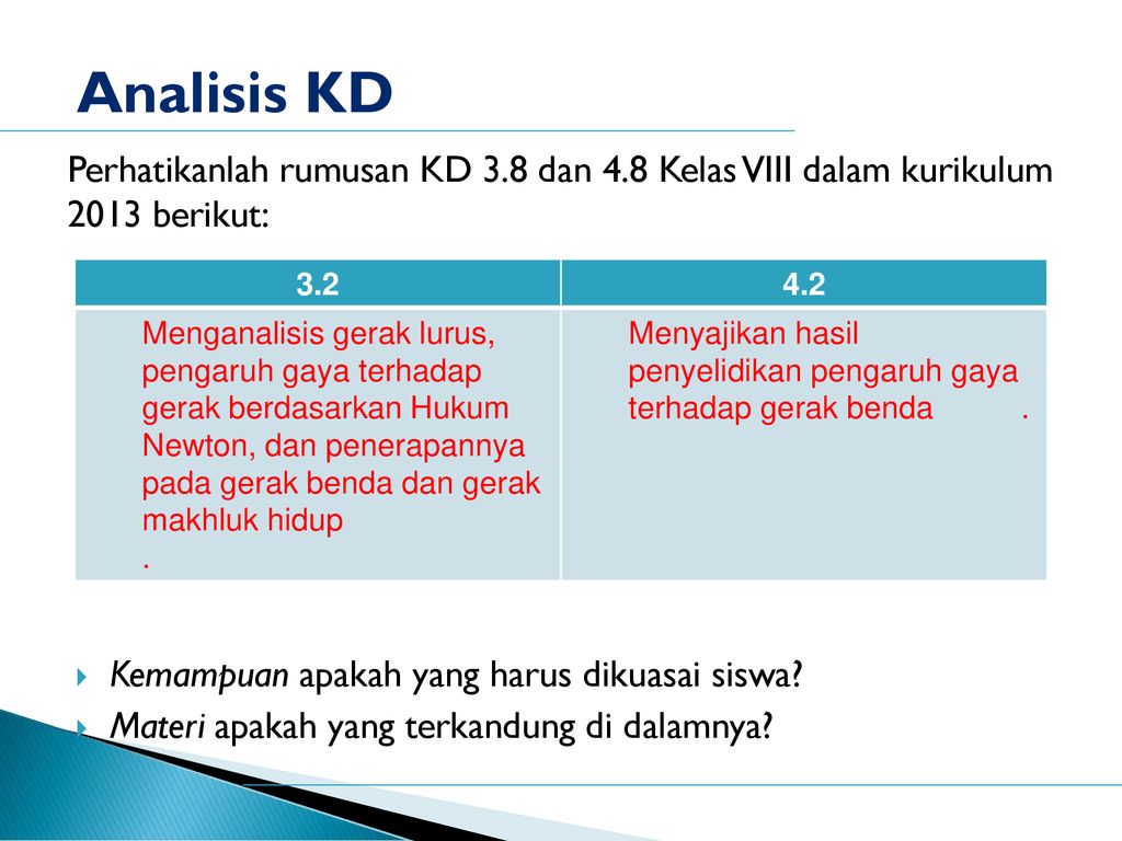 Analisis KD Perhatikanlah rumusan KD 3.8 dan 4.8 Kelas VIII dalam kurikulum 2013 berikut: Kemampuan apakah yang harus dikuasai siswa