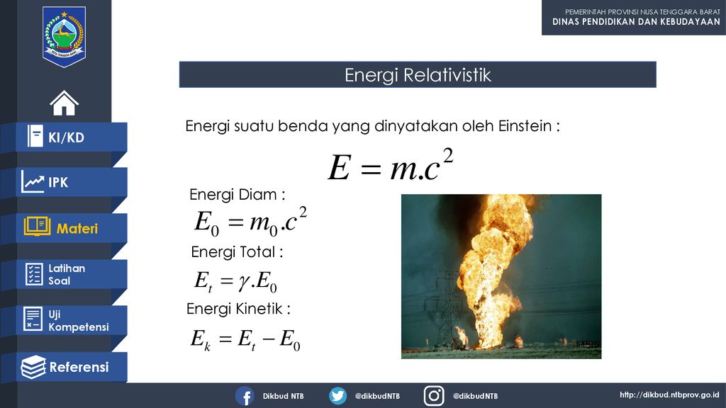 Energi Relativistik Energi suatu benda yang dinyatakan oleh Einstein :