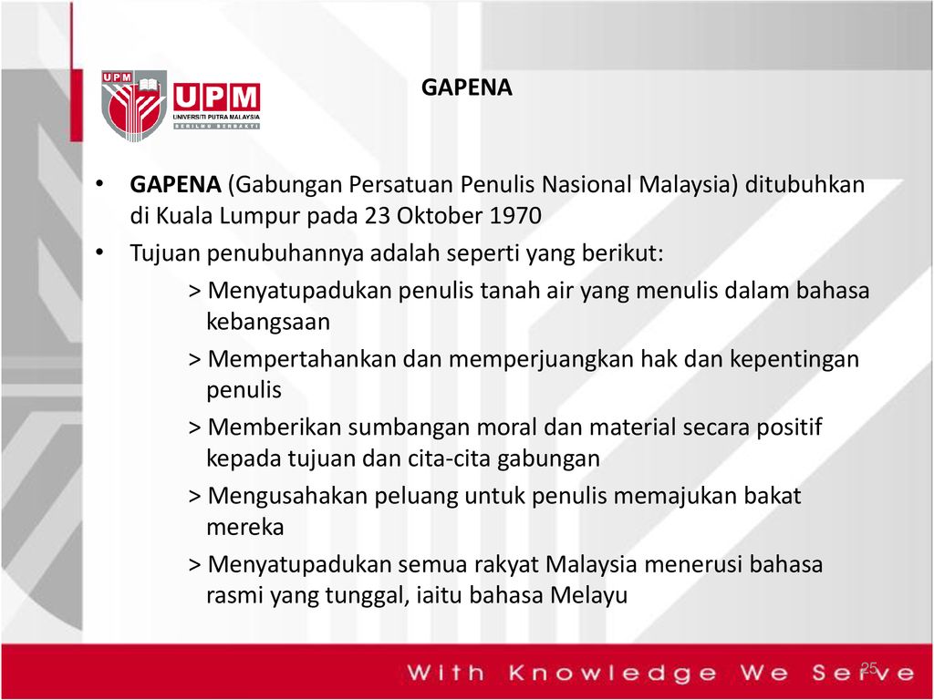 GAPENA GAPENA (Gabungan Persatuan Penulis Nasional Malaysia) ditubuhkan di Kuala Lumpur pada 23 Oktober