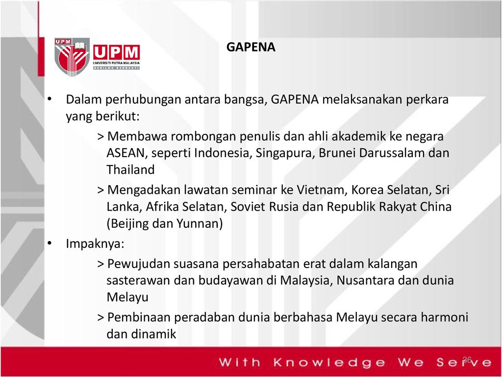 GAPENA Dalam perhubungan antara bangsa, GAPENA melaksanakan perkara yang berikut: