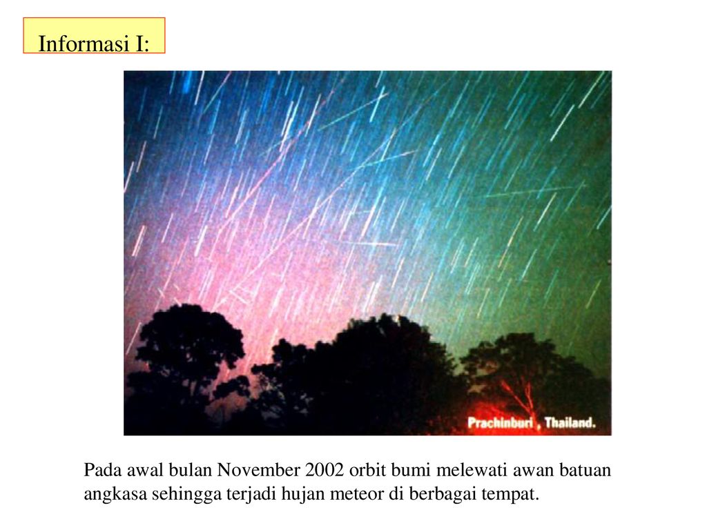 Informasi I: Pada awal bulan November 2002 orbit bumi melewati awan batuan angkasa sehingga terjadi hujan meteor di berbagai tempat.