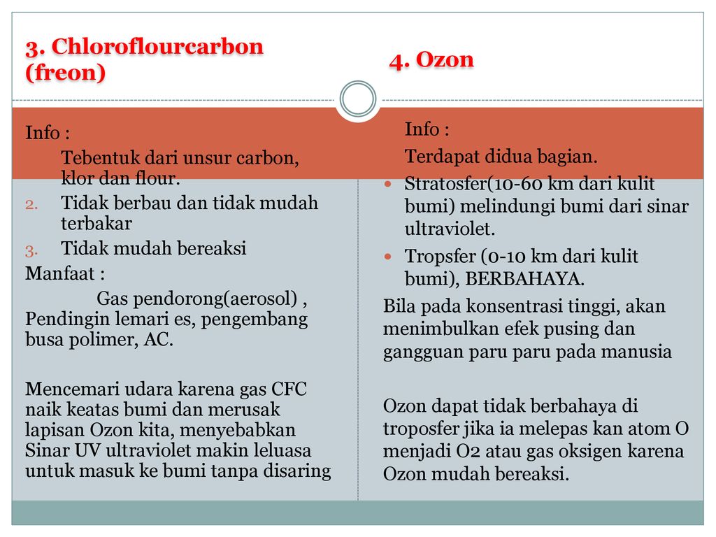 3. Chloroflourcarbon (freon) 4. Ozon