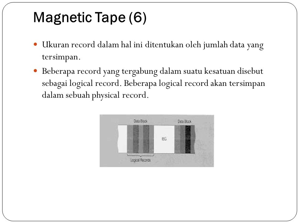 Magnetic Tape (6) Ukuran record dalam hal ini ditentukan oleh jumlah data yang tersimpan.