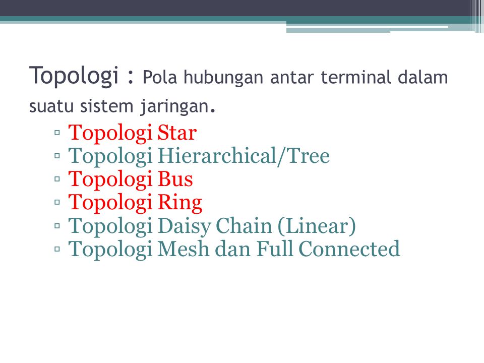 Topologi : Pola hubungan antar terminal dalam suatu sistem jaringan.