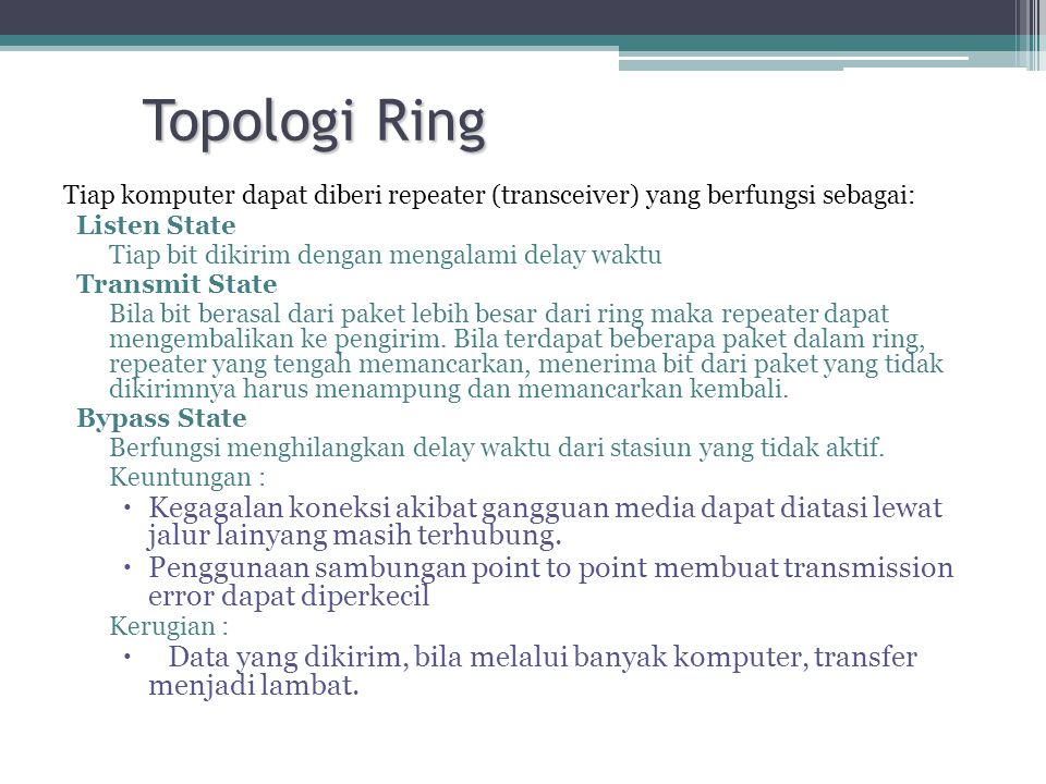 Topologi Ring Tiap komputer dapat diberi repeater (transceiver) yang berfungsi sebagai: Listen State.
