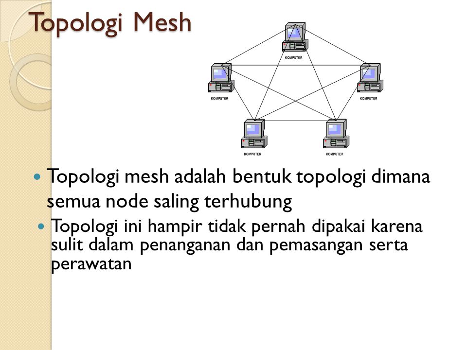 Topologi Mesh Topologi mesh adalah bentuk topologi dimana semua node saling terhubung.