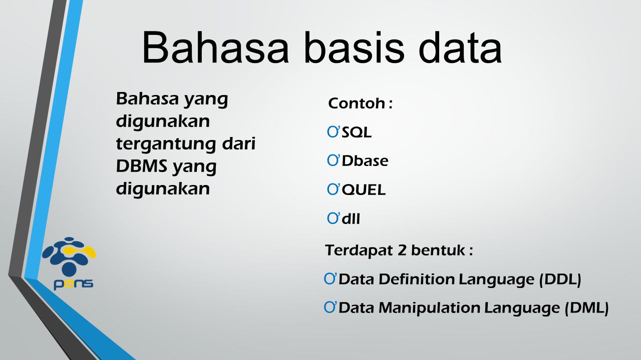 Bahasa basis data Bahasa yang digunakan tergantung dari DBMS yang digunakan. Contoh : SQL. Dbase.