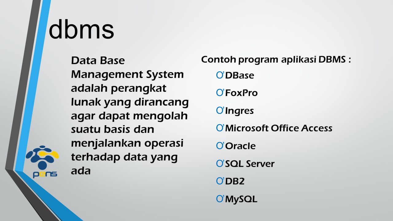 dbms Data Base Management System adalah perangkat lunak yang dirancang agar dapat mengolah suatu basis dan menjalankan operasi terhadap data yang ada.