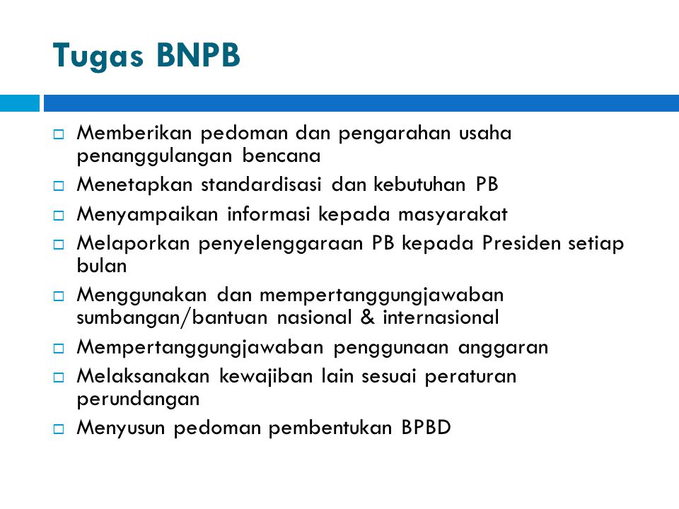 Tugas BNPB Memberikan pedoman dan pengarahan usaha penanggulangan bencana. Menetapkan standardisasi dan kebutuhan PB.
