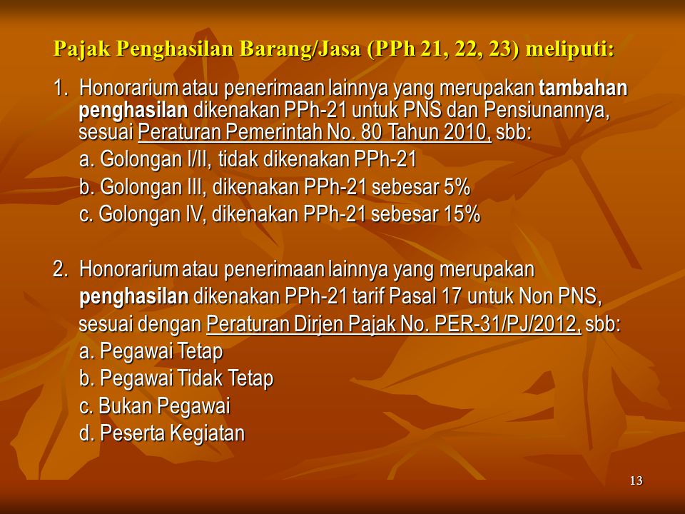 Pajak Penghasilan Barang/Jasa (PPh 21, 22, 23) meliputi: