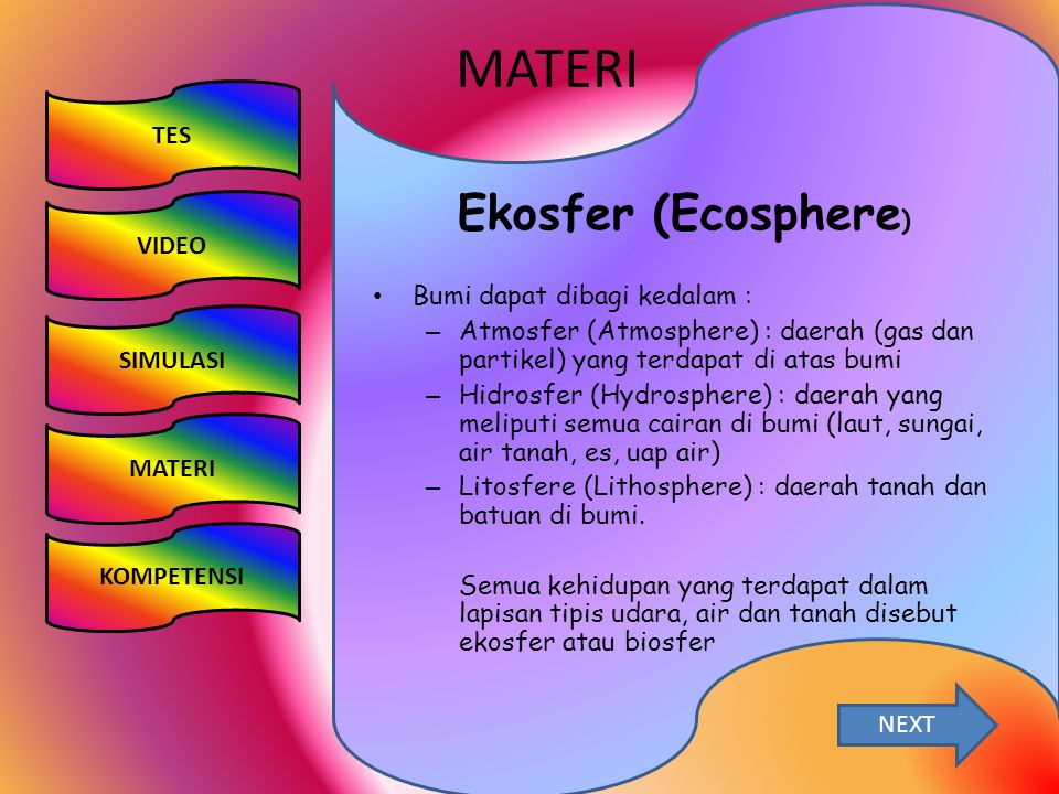 MATERI Ekosfer (Ecosphere) TES VIDEO Bumi dapat dibagi kedalam :