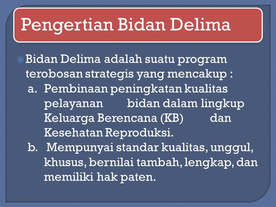 Bidan Delima adalah suatu program terobosan strategis yang mencakup :