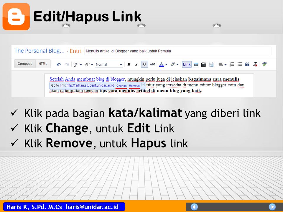 Edit/Hapus Link Klik pada bagian kata/kalimat yang diberi link
