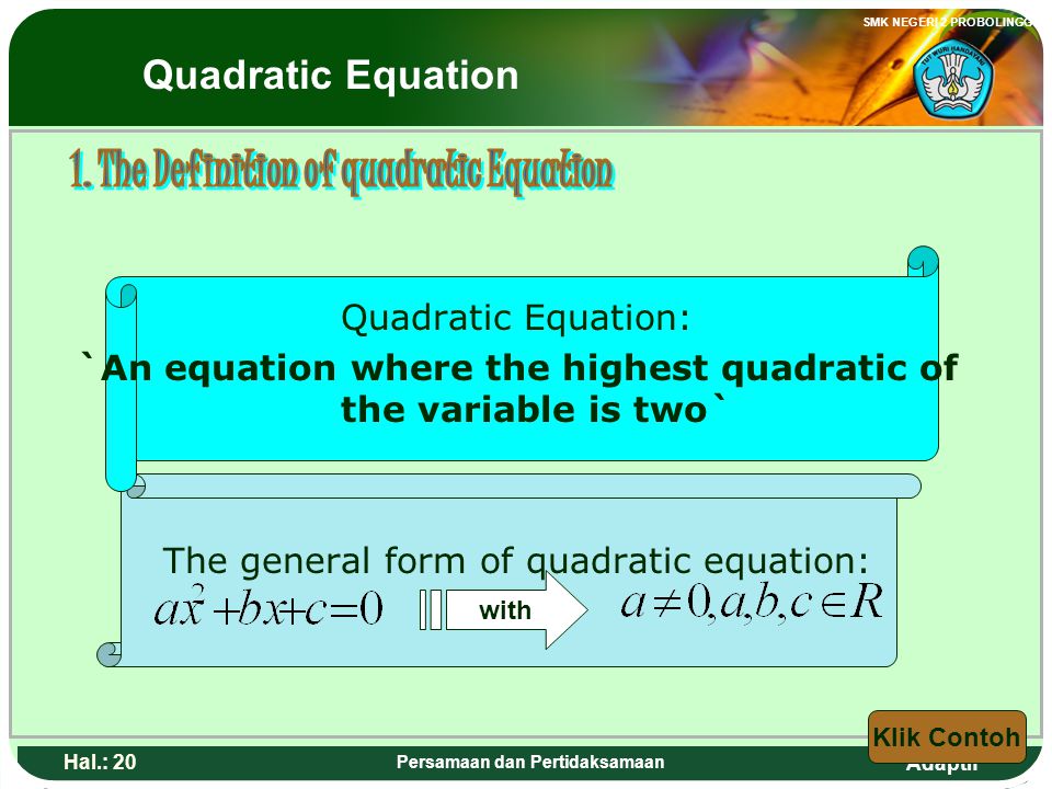 1. The Definition of quadratic Equation