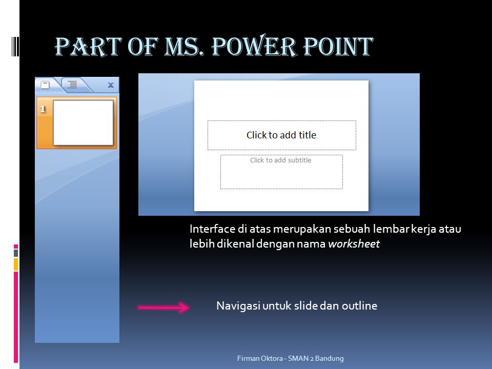 PART OF MS. POWER POINT Interface di atas merupakan sebuah lembar kerja atau lebih dikenal dengan nama worksheet.