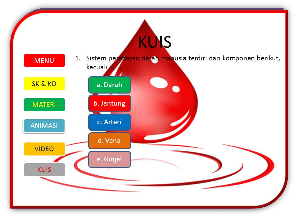 KUIS MENU. 1. Sistem peredaran darah manusia terdiri dari komponen berikut, kecuali : SK & KD.