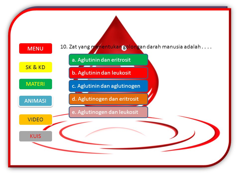 MENU 10. Zat yang menentukan golongan darah manusia adalah a. Aglutinin dan eritrosit. SK & KD.