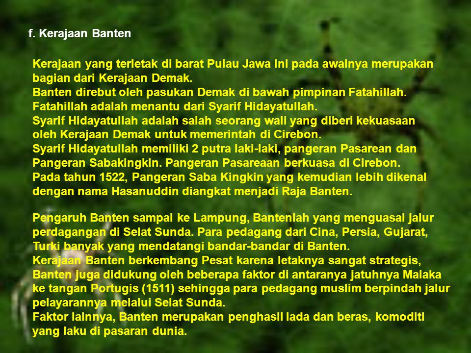 f. Kerajaan Banten Kerajaan yang terletak di barat Pulau Jawa ini pada awalnya merupakan bagian dari Kerajaan Demak.