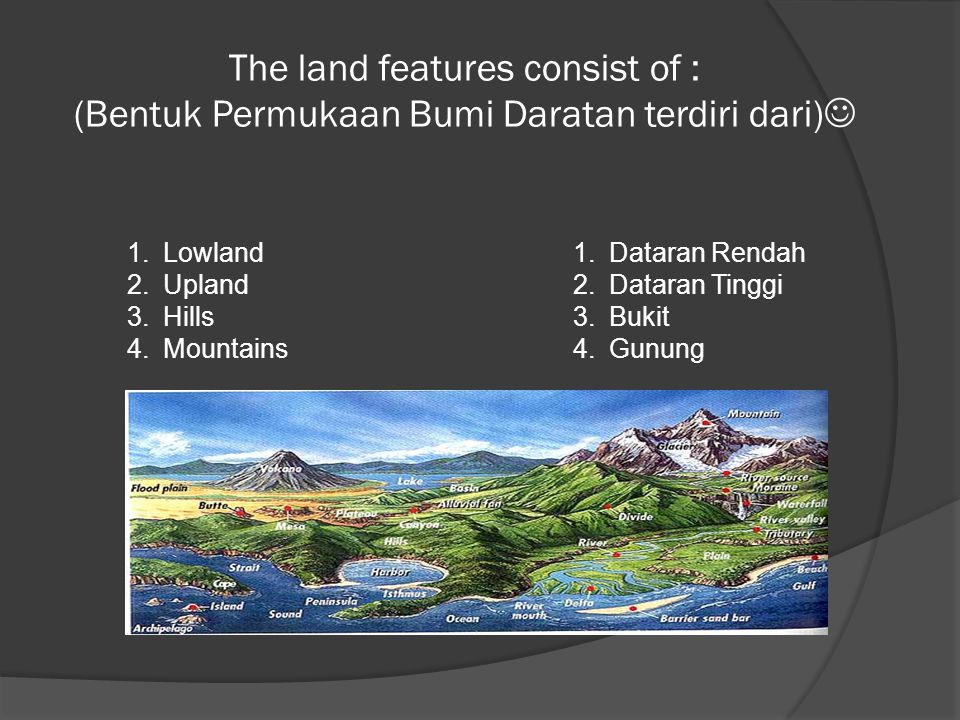 The land features consist of : (Bentuk Permukaan Bumi Daratan terdiri dari)