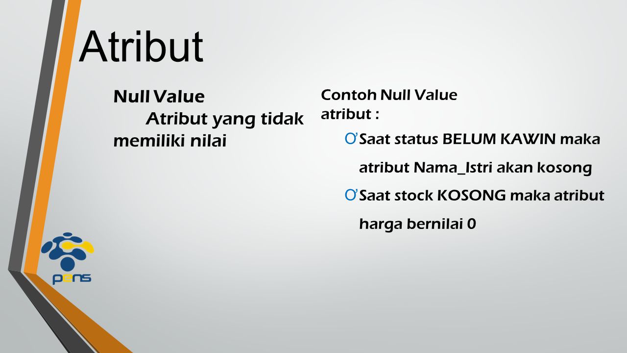 Atribut Null Value Atribut yang tidak memiliki nilai Contoh Null Value