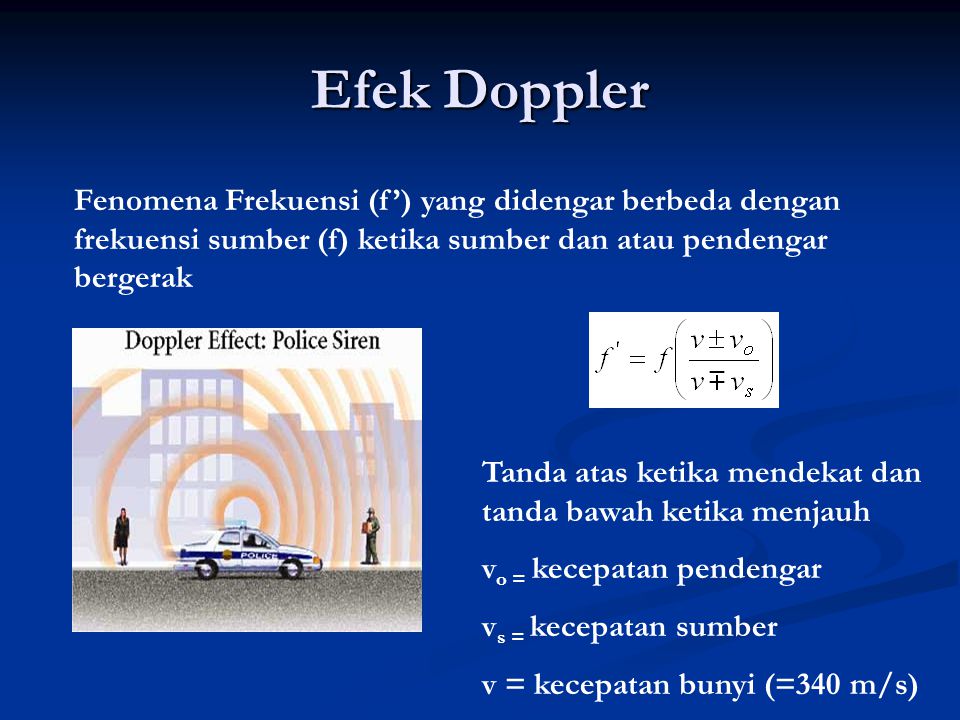 Efek Doppler Fenomena Frekuensi (f’) yang didengar berbeda dengan frekuensi sumber (f) ketika sumber dan atau pendengar bergerak.