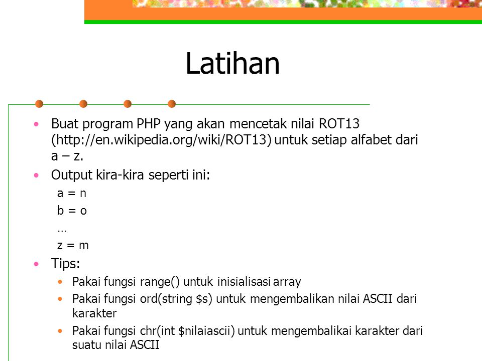 Latihan Buat program PHP yang akan mencetak nilai ROT13 (  untuk setiap alfabet dari a – z.