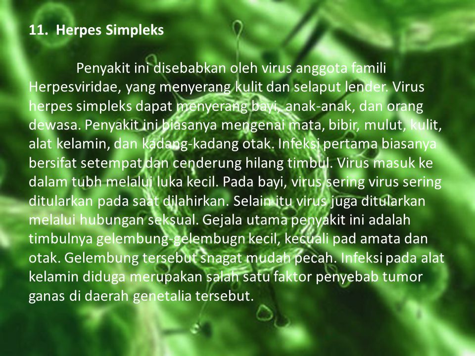 11. Herpes Simpleks Penyakit ini disebabkan oleh virus anggota famili Herpesviridae, yang menyerang kulit dan selaput lender.