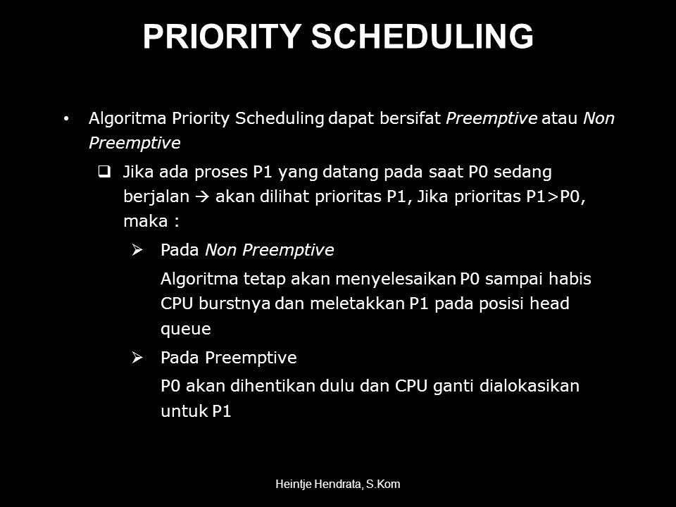 PRIORITY SCHEDULING Algoritma Priority Scheduling dapat bersifat Preemptive atau Non Preemptive.