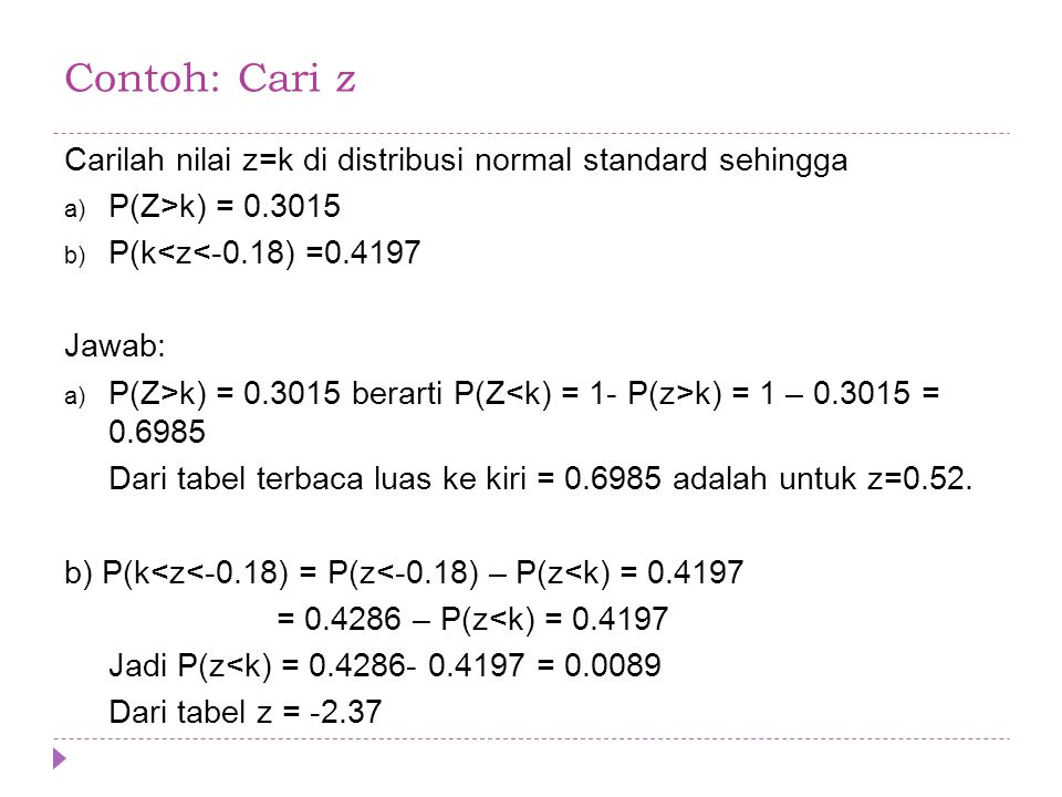 Contoh: Cari z Carilah nilai z=k di distribusi normal standard sehingga. P(Z>k) = P(k<z<-0.18) =