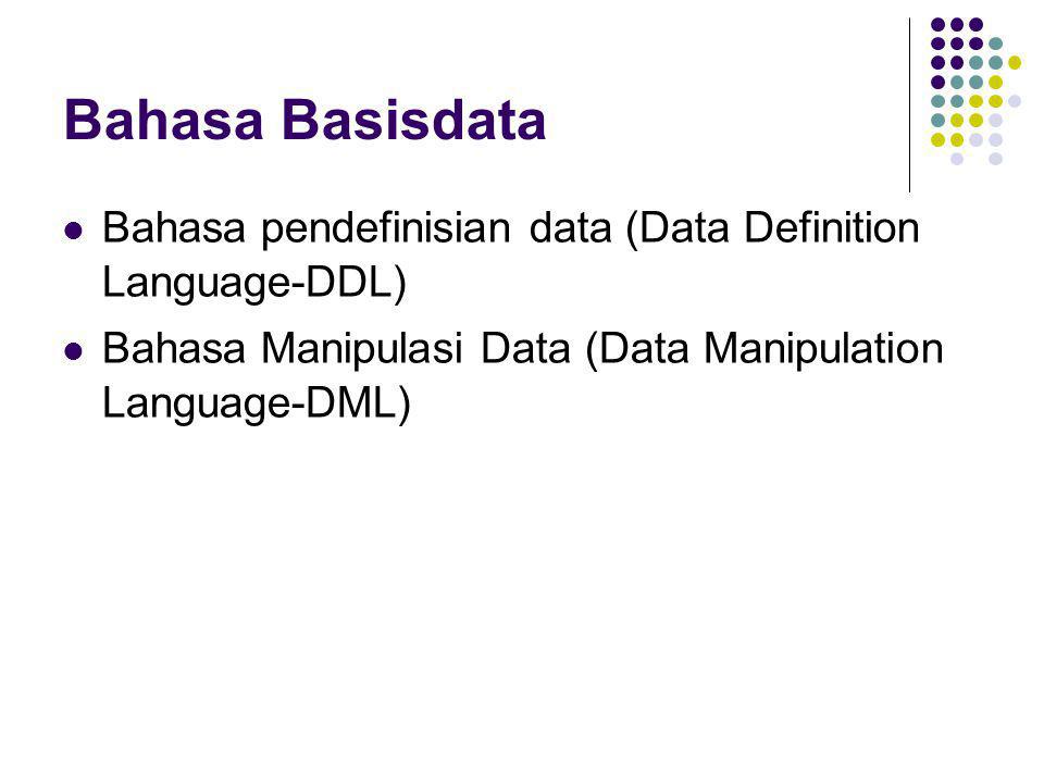 Bahasa Basisdata Bahasa pendefinisian data (Data Definition Language-DDL) Bahasa Manipulasi Data (Data Manipulation Language-DML)