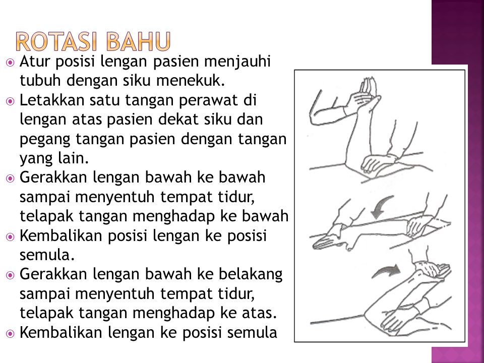 Rotasi Bahu Atur posisi lengan pasien menjauhi tubuh dengan siku menekuk.