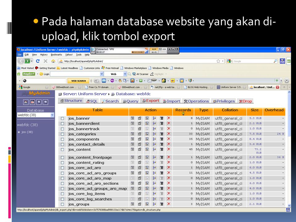 Pada halaman database website yang akan di- upload, klik tombol export