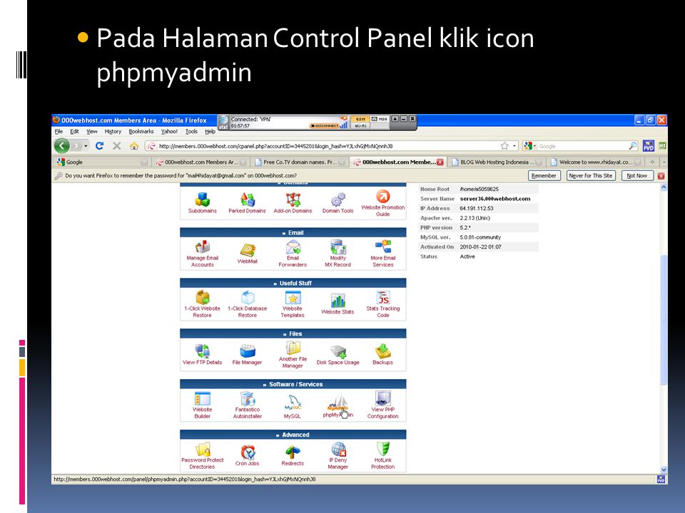 Pada Halaman Control Panel klik icon phpmyadmin