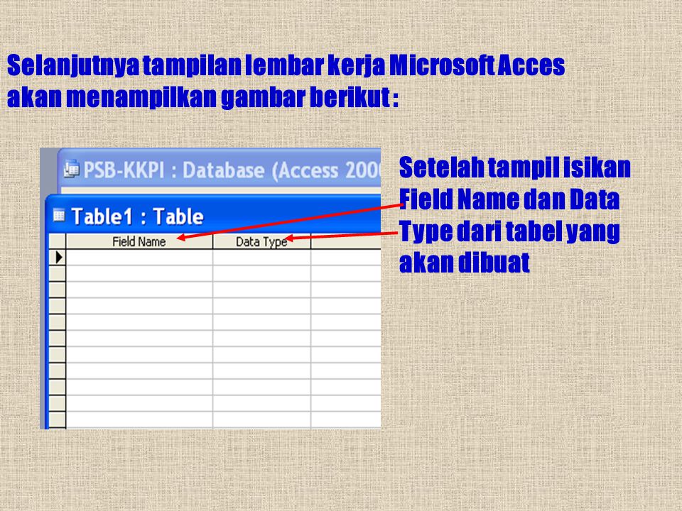Selanjutnya tampilan lembar kerja Microsoft Acces akan menampilkan gambar berikut :