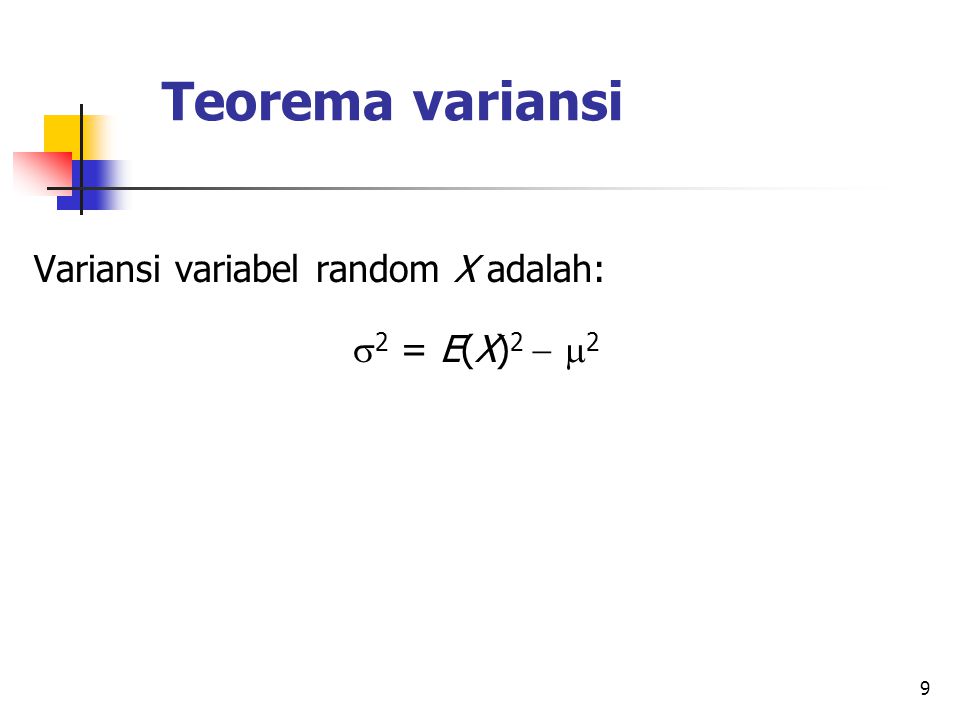 Teorema variansi Variansi variabel random X adalah: 2 = E(X)2  2