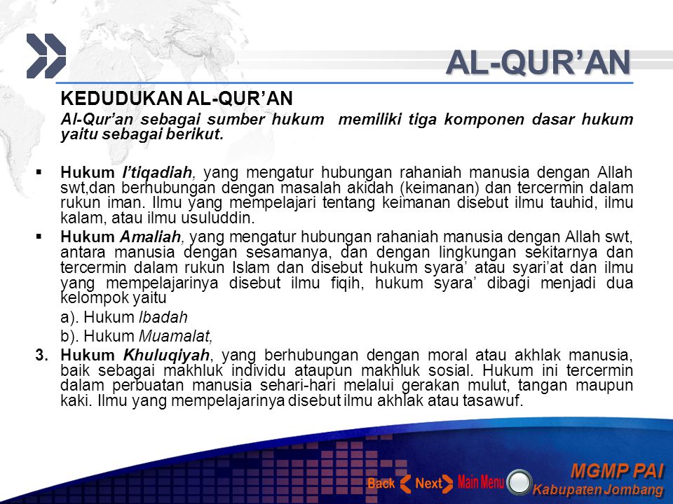 AL-QUR’AN KEDUDUKAN AL-QUR’AN. Al-Qur’an sebagai sumber hukum memiliki tiga komponen dasar hukum yaitu sebagai berikut.