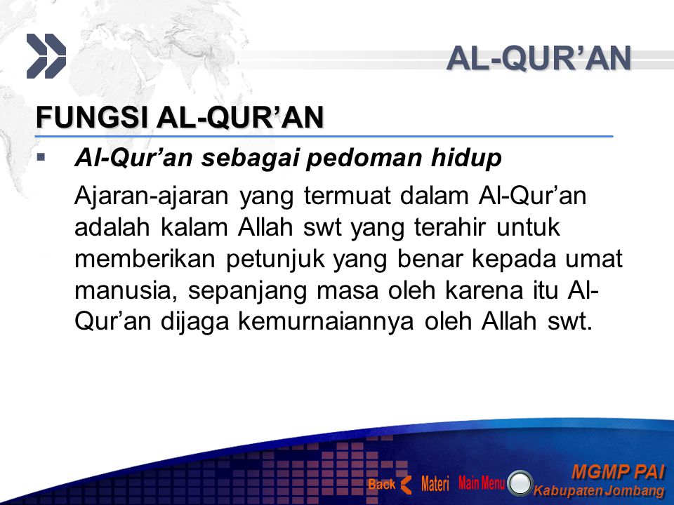 AL-QUR’AN Materi Back FUNGSI AL-QUR’AN Al-Qur’an sebagai pedoman hidup