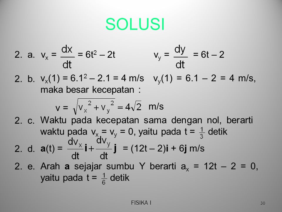 SOLUSI 2. a. vx = = 6t2 – 2t vy = = 6t – 2 2. b.