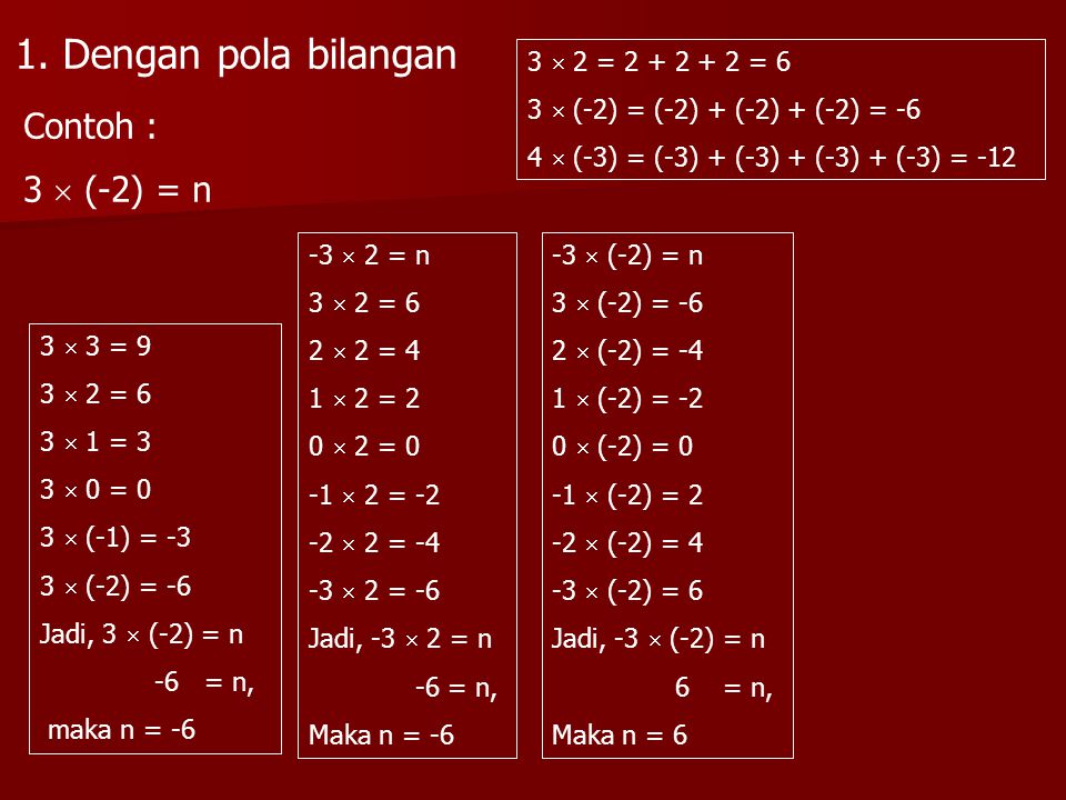 1. Dengan pola bilangan Contoh : 3  (-2) = n 3  2 = = 6