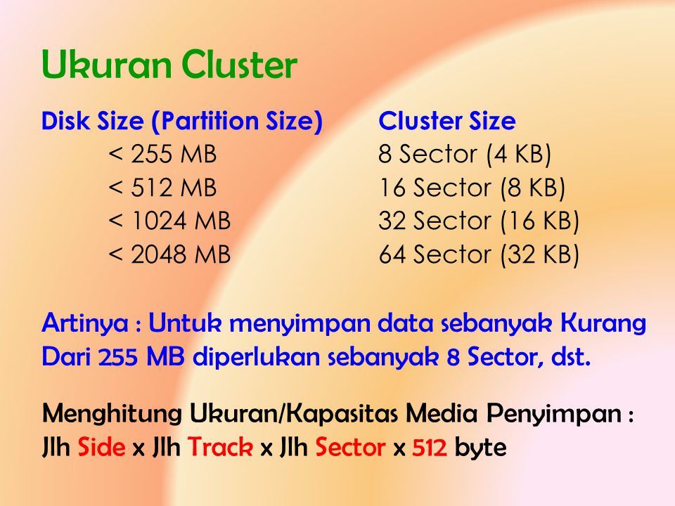 Ukuran Cluster Artinya : Untuk menyimpan data sebanyak Kurang