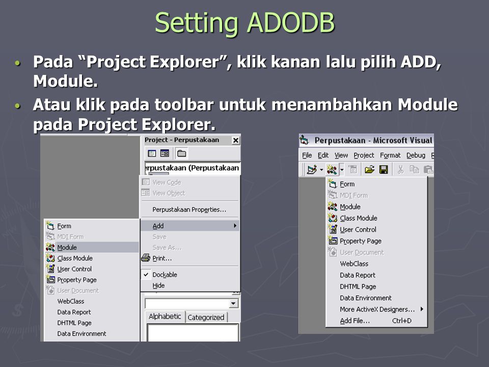Setting ADODB Pada Project Explorer , klik kanan lalu pilih ADD, Module.
