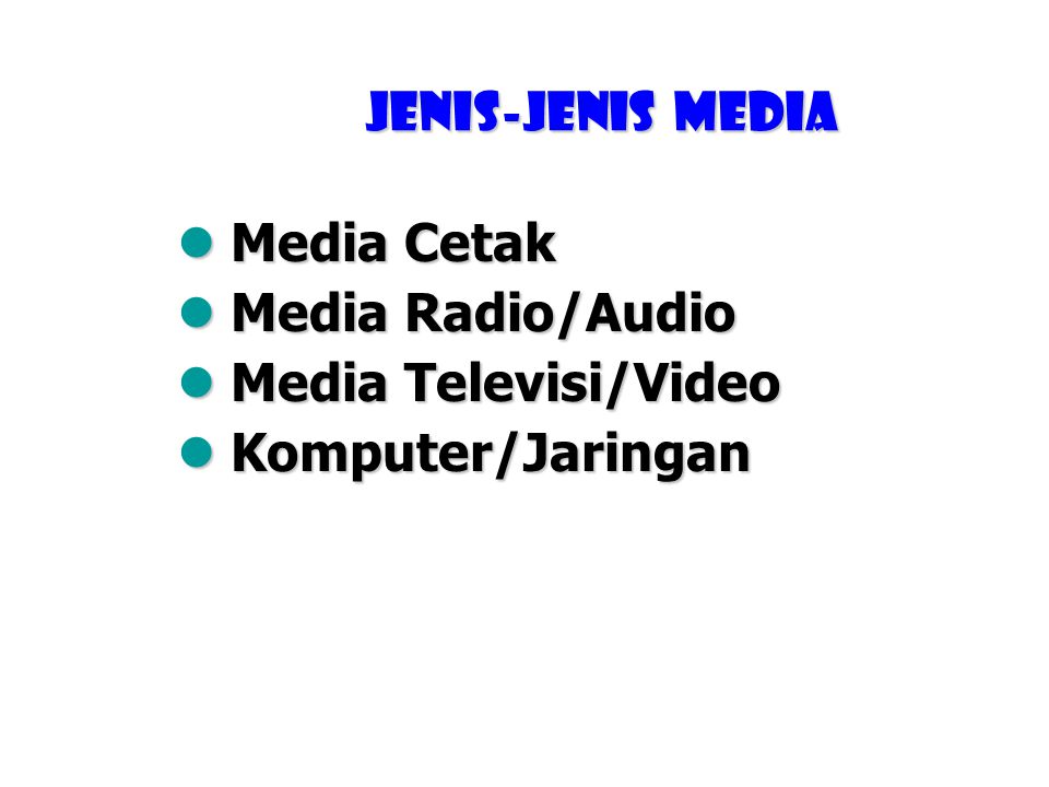 Jenis-jenis media Media Cetak Media Radio/Audio Media Televisi/Video Komputer/Jaringan
