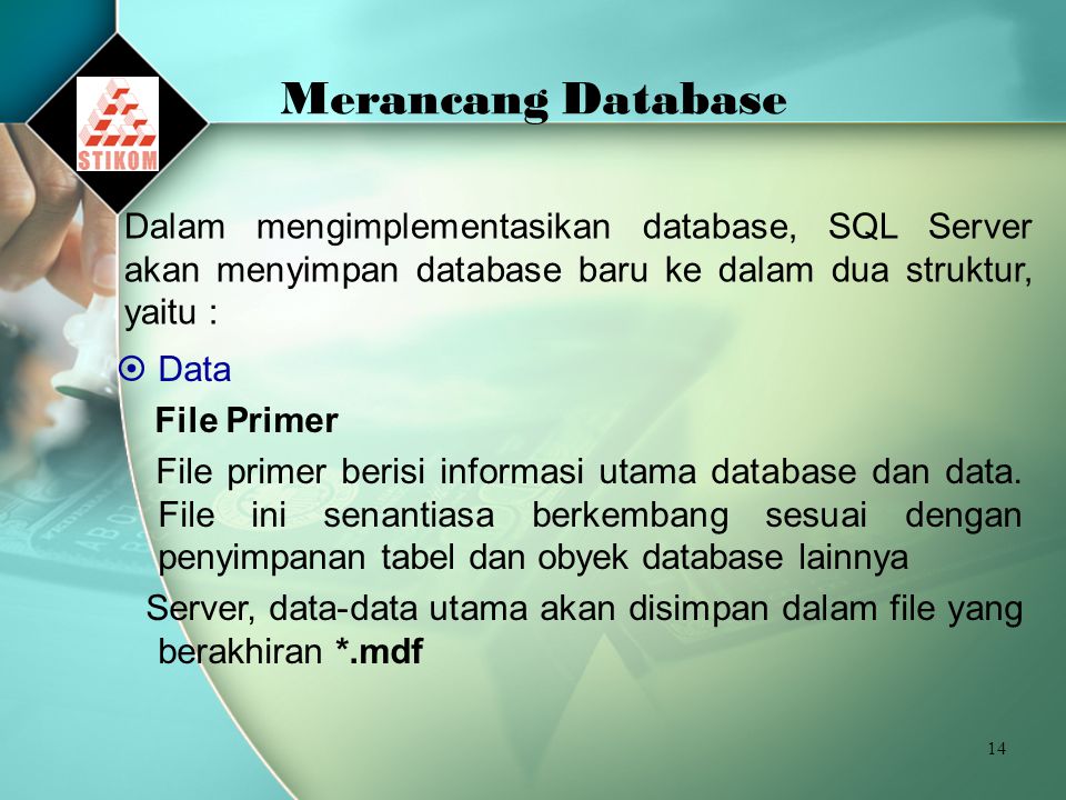 Merancang Database Dalam mengimplementasikan database, SQL Server akan menyimpan database baru ke dalam dua struktur, yaitu :