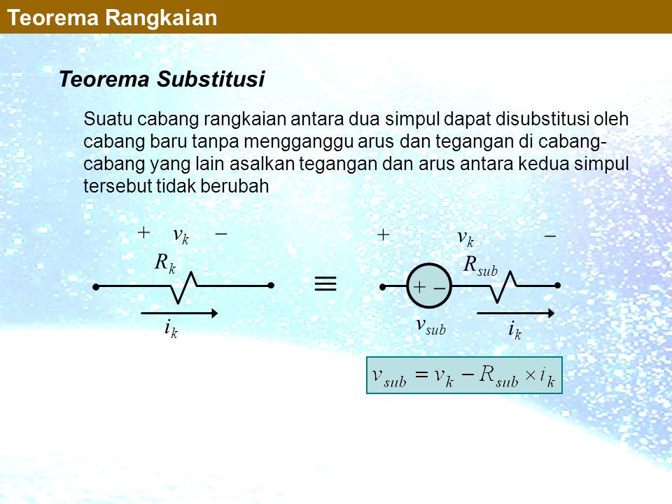  Teorema Rangkaian Teorema Substitusi + vk  + vk  Rk Rsub +  vsub