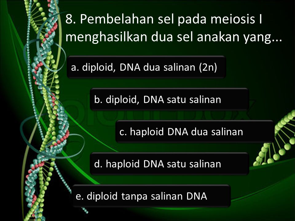 8. Pembelahan sel pada meiosis I menghasilkan dua sel anakan yang...