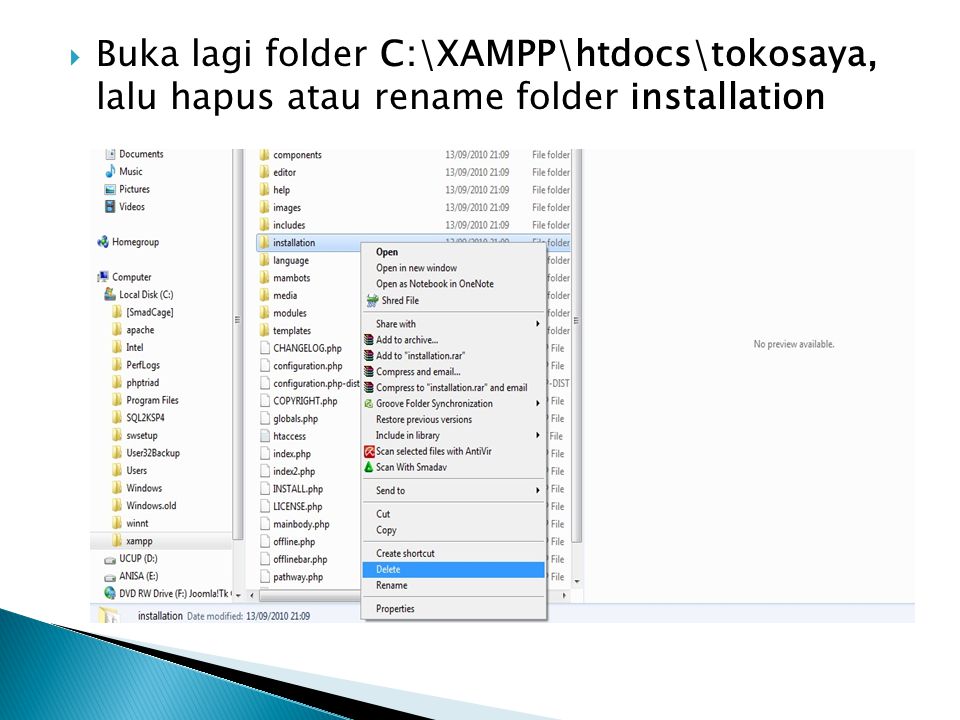 Buka lagi folder C:\XAMPP\htdocs\tokosaya, lalu hapus atau rename folder installation