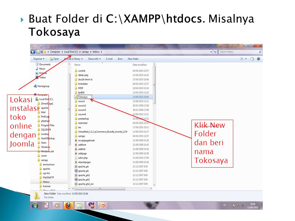 Buat Folder di C:\XAMPP\htdocs. Misalnya Tokosaya