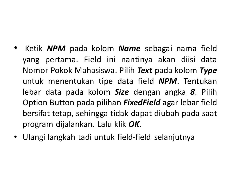 Ketik NPM pada kolom Name sebagai nama field yang pertama